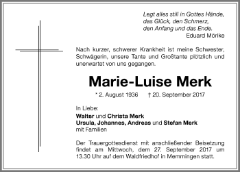 Traueranzeige von Marie-Luise Merk von Memminger Zeitung