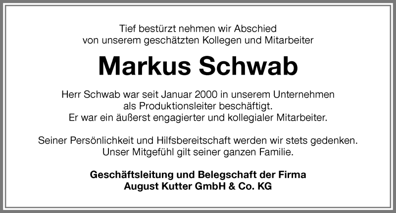  Traueranzeige für Markus Schwab vom 02.09.2017 aus Memminger Zeitung