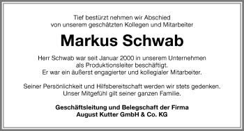 Traueranzeige von Markus Schwab von Memminger Zeitung