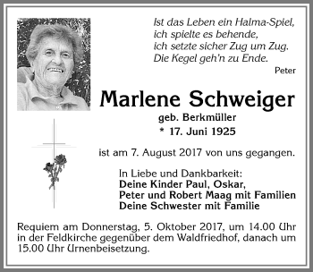 Traueranzeige von Marlene Schweiger von Allgäuer Zeitung, Füssen
