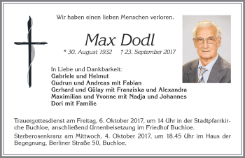 Traueranzeige von Max Dodl von Allgäuer Zeitung, Kaufbeuren/Buchloe