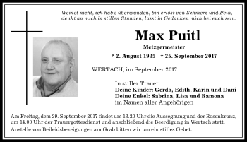 Traueranzeige von Max Puitl von Allgäuer Anzeigeblatt