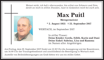 Traueranzeige von Max Puitl von Allgäuer Anzeigeblatt