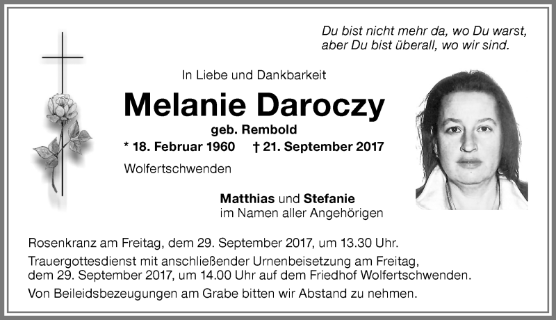  Traueranzeige für Melanie Daroczy vom 27.09.2017 aus Memminger Zeitung