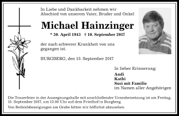 Traueranzeige von Michael Hainzinger von Allgäuer Anzeigeblatt