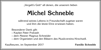 Traueranzeige von Michel Schneble von Allgäuer Zeitung, Kaufbeuren/Buchloe