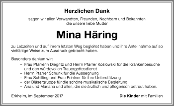Traueranzeige von Mina Häring von Memminger Zeitung