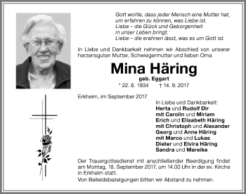Traueranzeige von Mina Häring von Memminger Zeitung