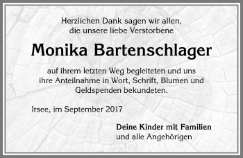 Traueranzeige von Monika Bartenschlager von Allgäuer Zeitung, Kaufbeuren/Buchloe
