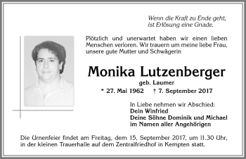 Traueranzeige von Monika Lutzenberger von Allgäuer Zeitung,Kempten