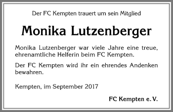 Traueranzeige von Monika Lutzenberger von Allgäuer Zeitung,Kempten