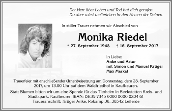 Traueranzeige von Monika Riedel von Allgäuer Zeitung, Kaufbeuren/Buchloe