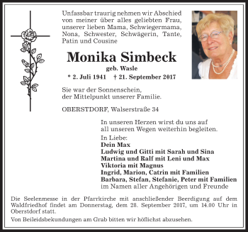 Traueranzeige von Monika Simbeck von Allgäuer Anzeigeblatt