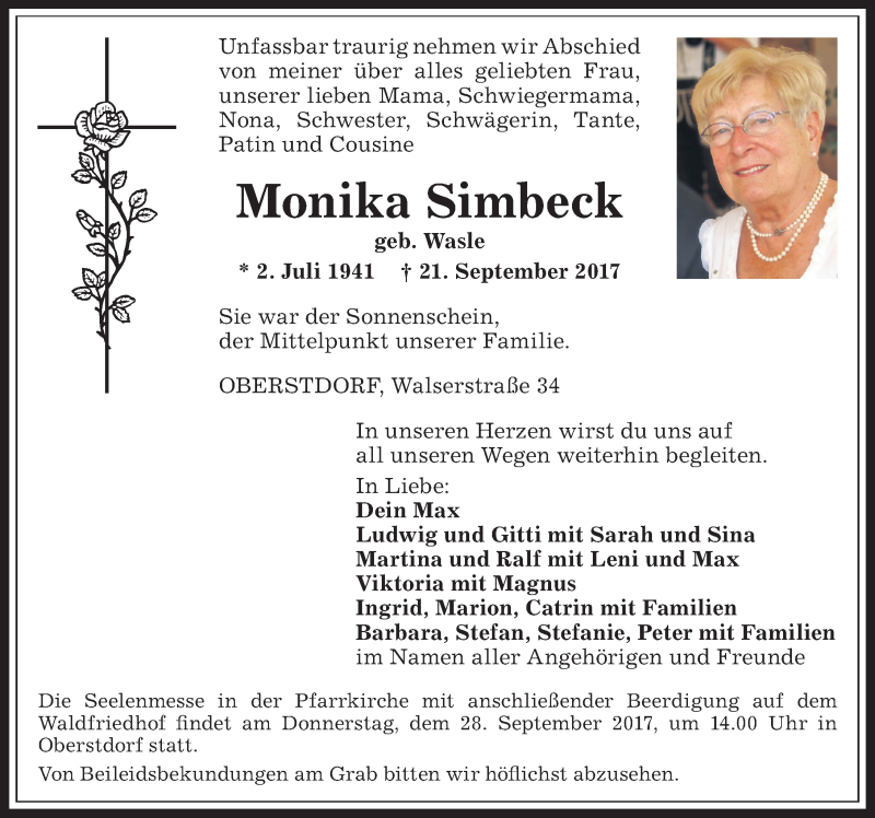  Traueranzeige für Monika Simbeck vom 25.09.2017 aus Allgäuer Anzeigeblatt