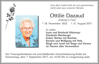 Traueranzeige von Ottilie Dazaud von Allgäuer Zeitung, Marktoberdorf