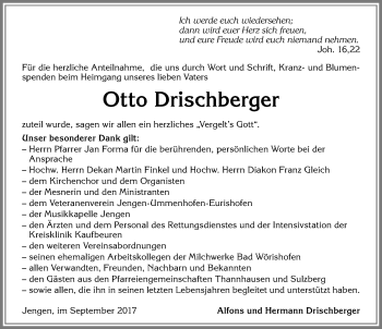 Traueranzeige von Otto Drischberger von Allgäuer Zeitung, Kaufbeuren/Buchloe