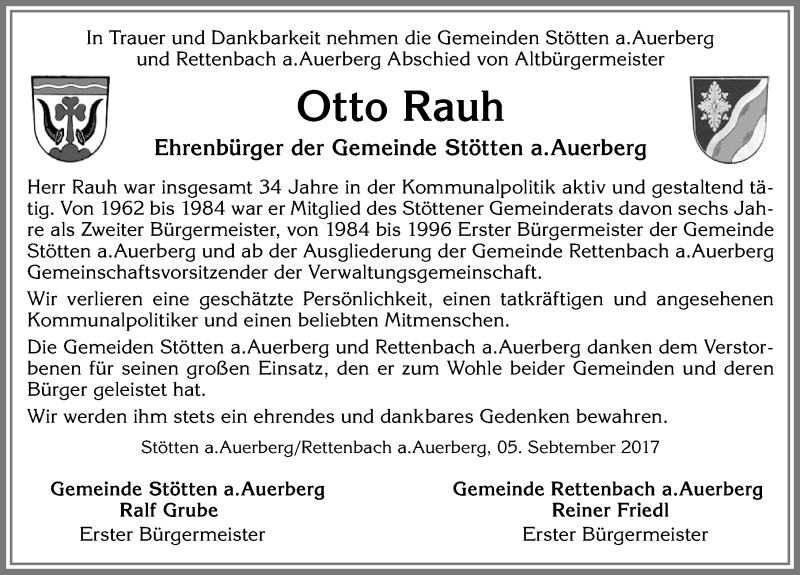  Traueranzeige für Otto Rauh vom 05.09.2017 aus Allgäuer Zeitung, Marktoberdorf