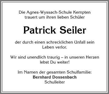 Traueranzeige von Anni, Julia und Patrick Seiler von Allgäuer Zeitung,Kempten