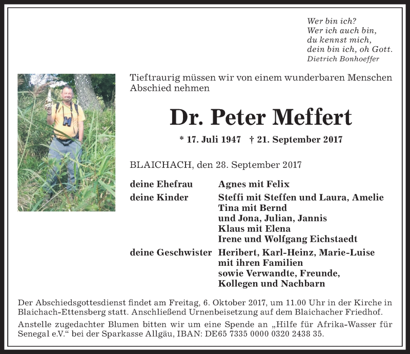  Traueranzeige für Peter Meffert vom 28.09.2017 aus Allgäuer Anzeigeblatt