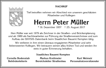 Traueranzeige von Peter Müller von Allgäuer Zeitung,Kempten