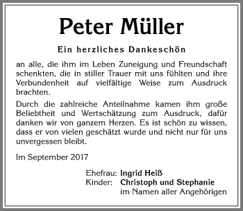 Traueranzeige von Peter Müller von Allgäuer Zeitung,Kempten