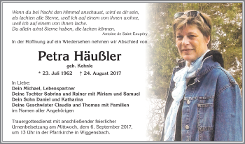 Traueranzeige von Petra Häußler von Allgäuer Zeitung,Kempten