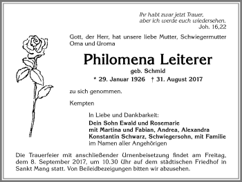 Traueranzeige von Philomena Leiterer von Allgäuer Zeitung,Kempten