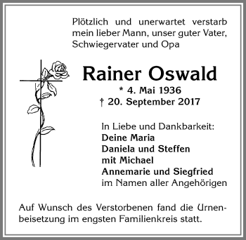 Traueranzeige von Rainer Oswald von Allgäuer Zeitung, Kaufbeuren/Buchloe