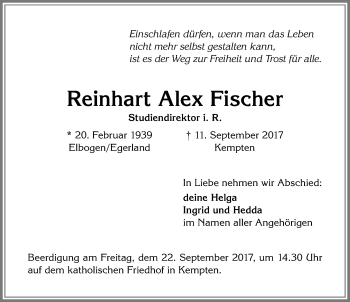 Traueranzeige von Reinhart Alex Fischer von Allgäuer Zeitung,Kempten