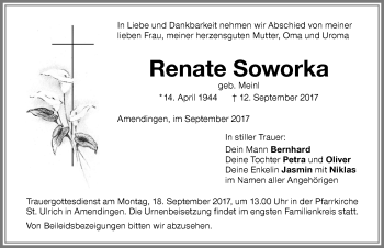 Traueranzeige von Renate Soworka von Memminger Zeitung