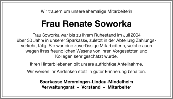 Traueranzeige von Renate Soworka von Memminger Zeitung