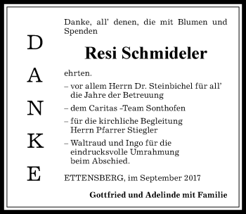 Traueranzeige von Resi Schmideler von Allgäuer Anzeigeblatt