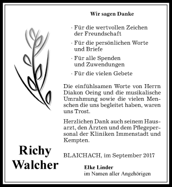 Traueranzeige von Richy Walcher von Allgäuer Anzeigeblatt