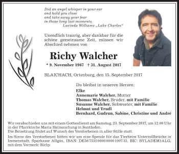 Traueranzeige von Richy Walcher von Allgäuer Anzeigeblatt
