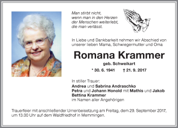 Traueranzeige von Romana Krammer von Memminger Zeitung