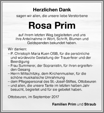 Traueranzeige von Rosa Prim von Memminger Zeitung