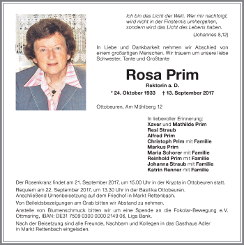 Traueranzeige von Rosa Prim von Memminger Zeitung
