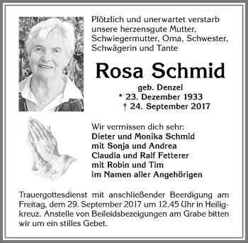 Traueranzeige von Rosa Schmid von Allgäuer Zeitung,Kempten