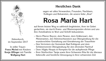 Traueranzeige von Rosa Maria Hart von Allgäuer Zeitung, Marktoberdorf