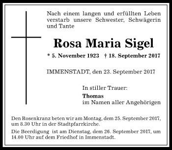 Traueranzeige von Rosa Maria Sigel von Allgäuer Anzeigeblatt