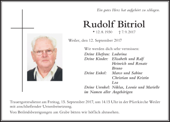 Traueranzeige von Rudolf Bitriol von Der Westallgäuer