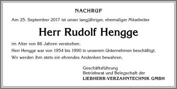 Traueranzeige von Rudolf Hengge von Allgäuer Zeitung,Kempten