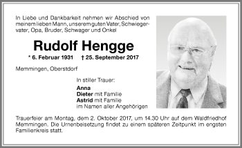 Traueranzeige von Rudolf Hengge von Memminger Zeitung