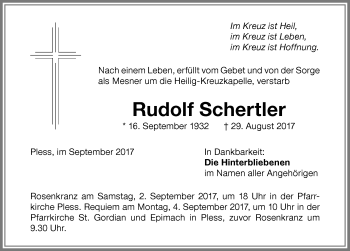 Traueranzeige von Rudolf Schertler von Memminger Zeitung