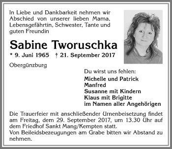 Traueranzeige von Sabine Tworuschka von Allgäuer Zeitung