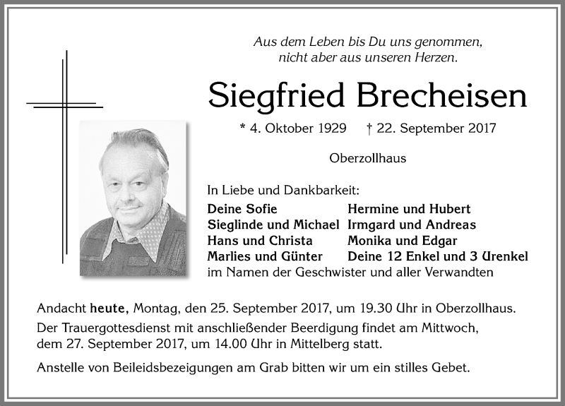  Traueranzeige für Siegfried Brecheisen vom 25.09.2017 aus Allgäuer Zeitung, Füssen