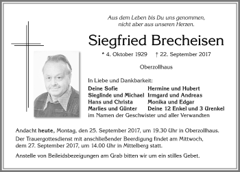Traueranzeige von Siegfried Brecheisen von Allgäuer Zeitung, Füssen