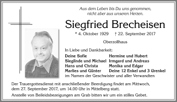 Traueranzeige von Siegfried Brecheisen von Allgäuer Zeitung,Kempten