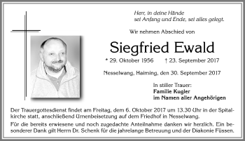 Traueranzeige von Siegfried Ewald von Allgäuer Zeitung, Füssen