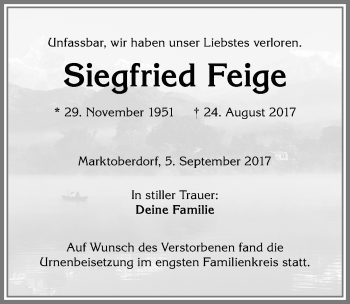 Traueranzeige von Siegfried Feige von Allgäuer Zeitung, Marktoberdorf